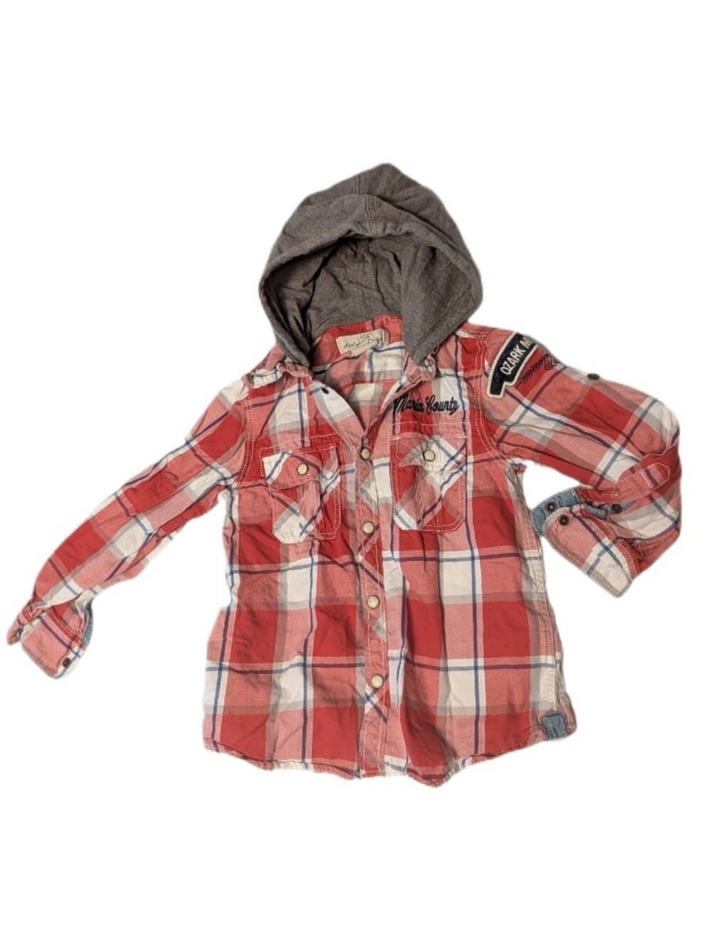 L.O.G.G. Ozark Marin County Red White & Blue Plaid Hooded Button Snap Down 5-6 Y